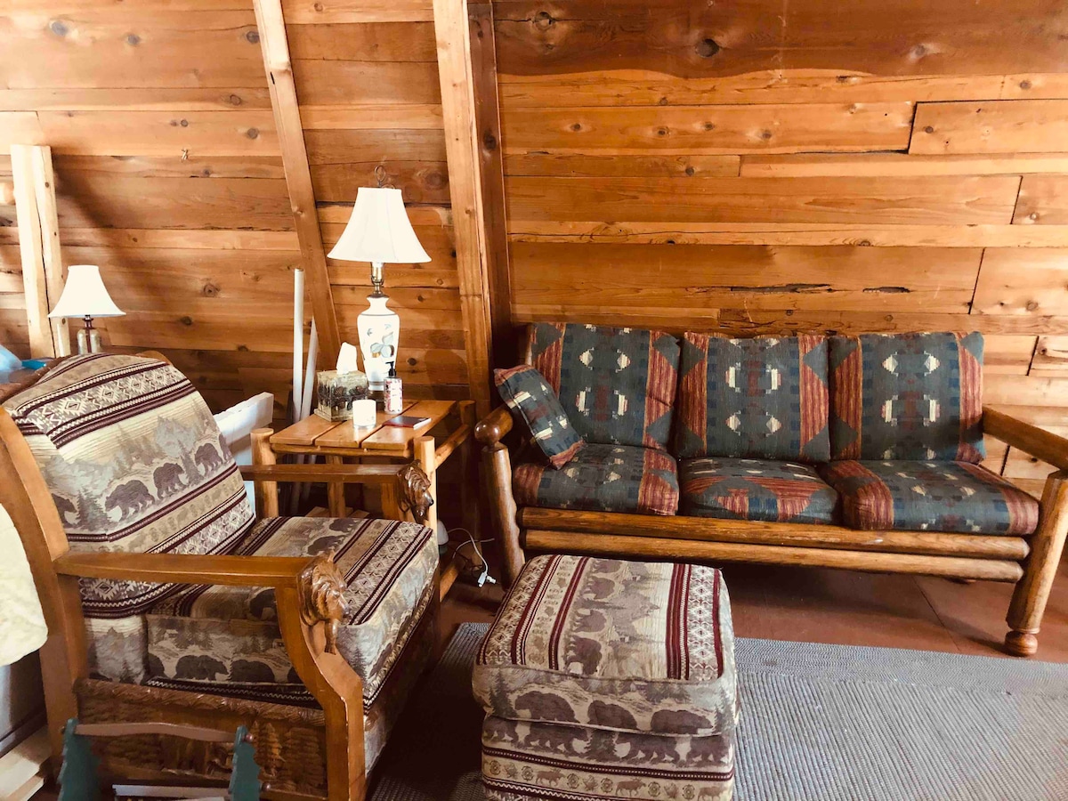 A rustic sitting area features wooden walls and is furnished with a patterned couch and armchair. An ottoman complements the seating, while a side table holds a lamp. Natural light enters the space, enhancing the warm atmosphere.