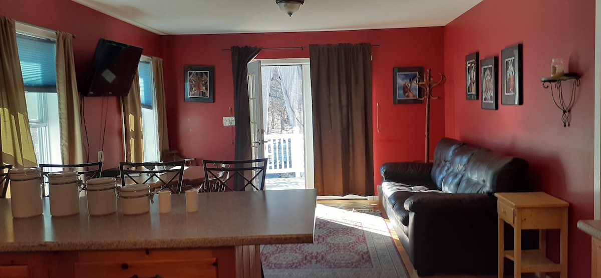 A welcoming living space features bold red walls and natural light streaming through large windows. A dark sofa is positioned near a set of double doors, which lead to an outdoor area. Four bar stools are placed along a countertop, complemented by wall-mounted art.