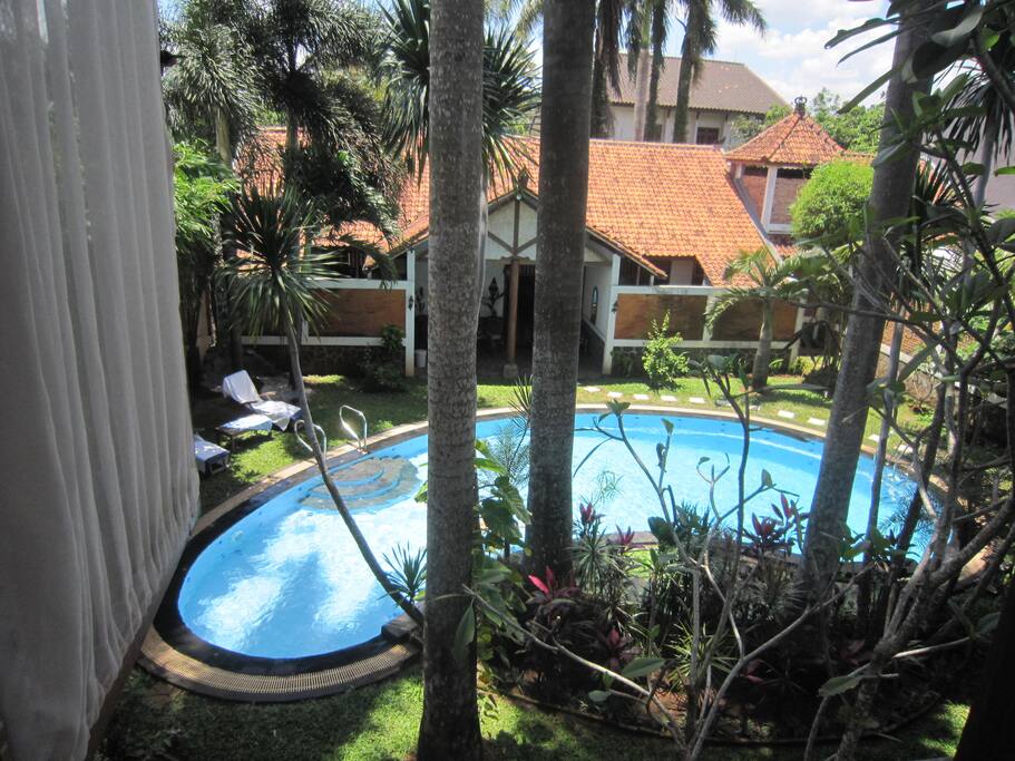 The swimming pool seen from 2nd floor bedroom's window.