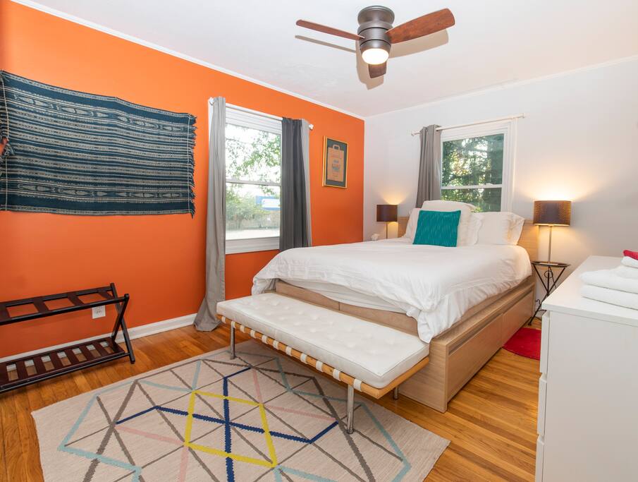 This is a gorgeous and relaxing room.The mattress is a favorite for all of my guests. There is plenty of room to spread out and feel at home. I have light out curtains to keep the room nice and dark while you are sleeping.