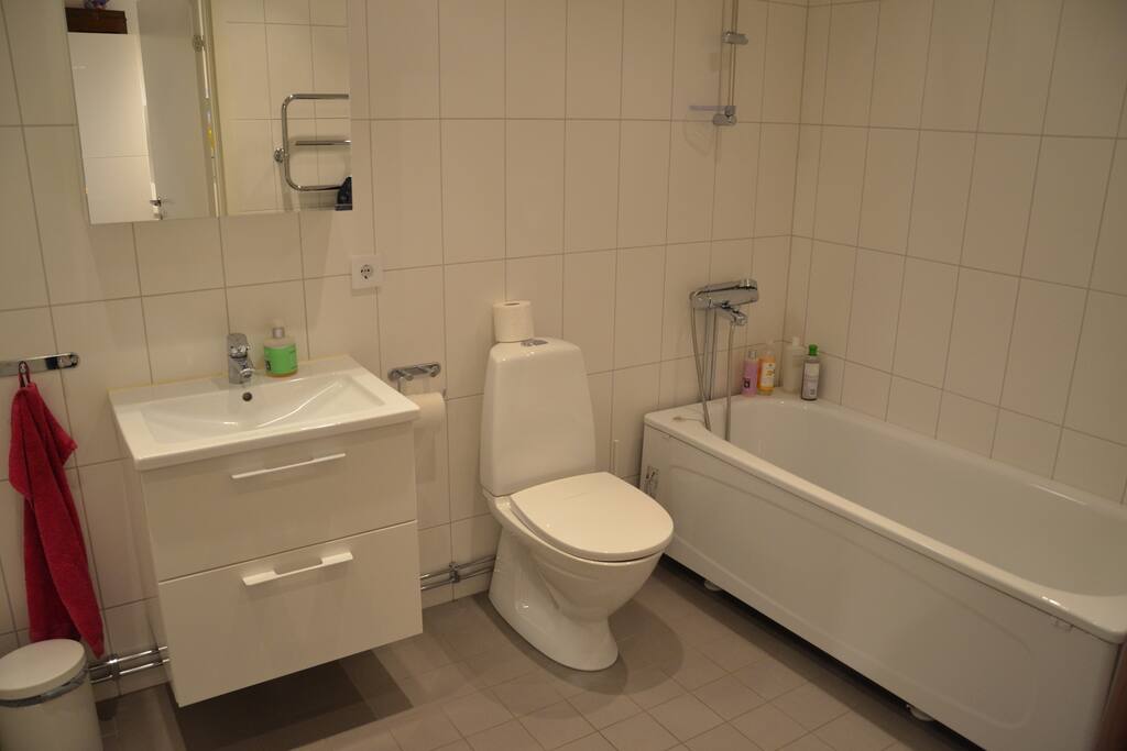 One of 2 bathrooms. New washing machine and tumble tryer.