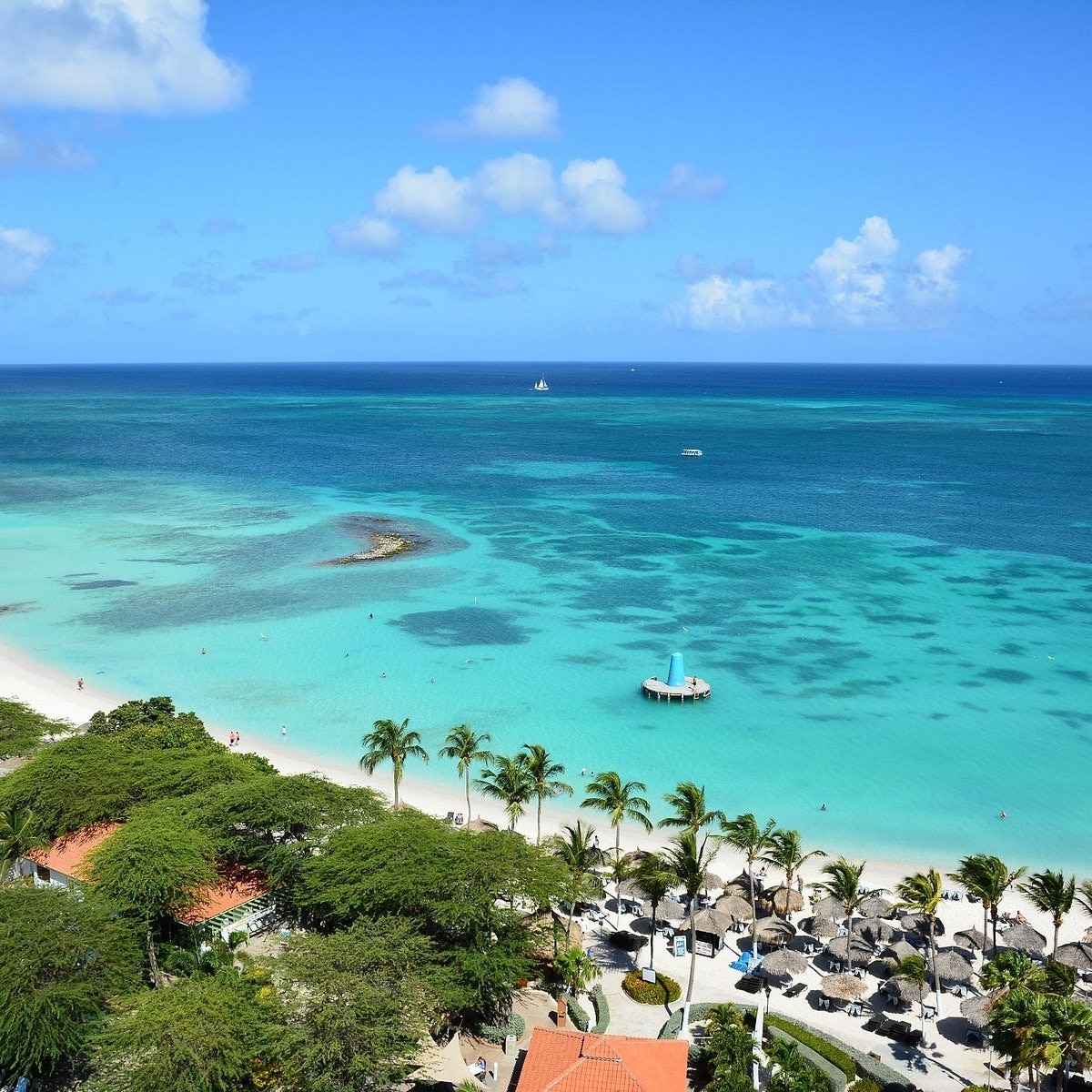 A scenic view of a clear turquoise sea, dotted with patches of darker water, intertwines with a sandy beach lined with palm trees. A small dock extends into the water, with sunbathers visible on the shore beneath a bright, partly cloudy sky.