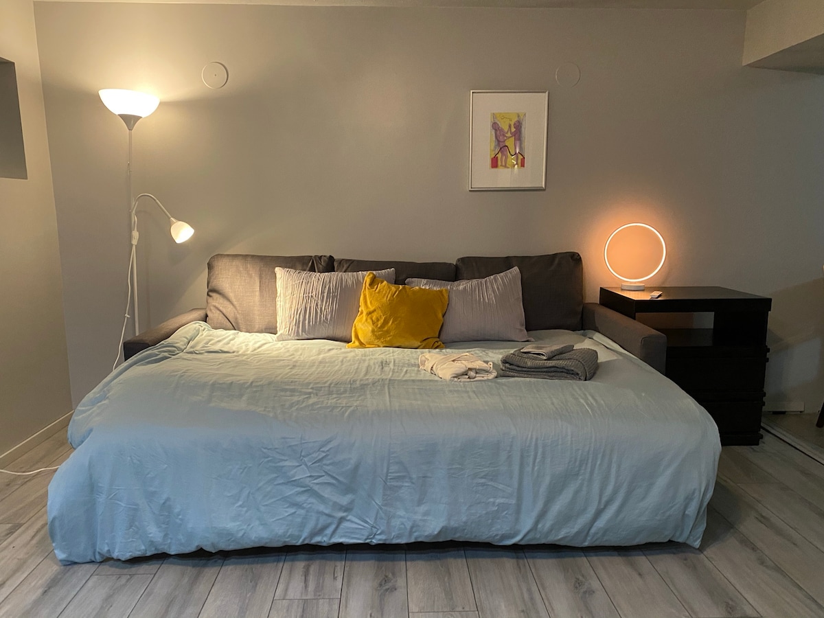 A spacious sleeping area features a large bed with a light blue coverlet and decorative pillows, including a yellow one. Soft lighting is provided by a floor lamp and a small table lamp. A dark nightstand is positioned beside the bed, creating a cozy ambiance.