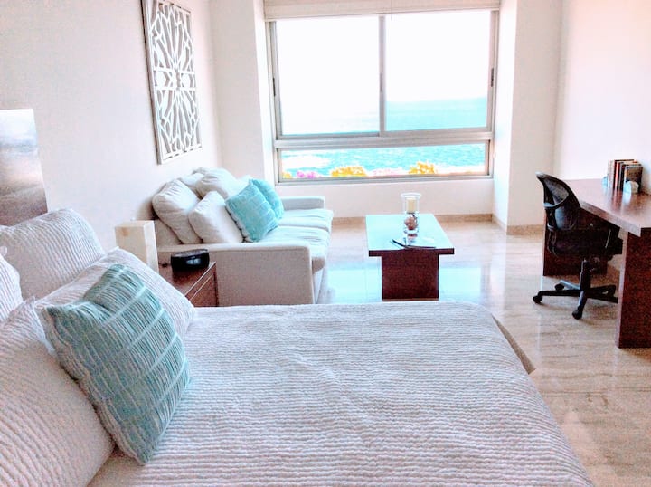 Master Suite na sofa na kitanda cha ukubwa wa mfalme na kitanda cha starehe, mwisho wa juu, godoro la Euro. Bafu la ndani, runinga janja na kicheza DVD/dvds. Sehemu salama katika kabati la kutembea.