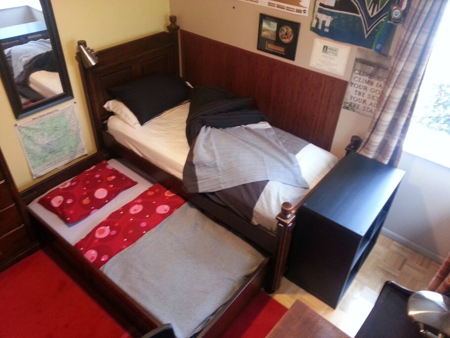 This is your bedroom with a single bed + trundle bed setup