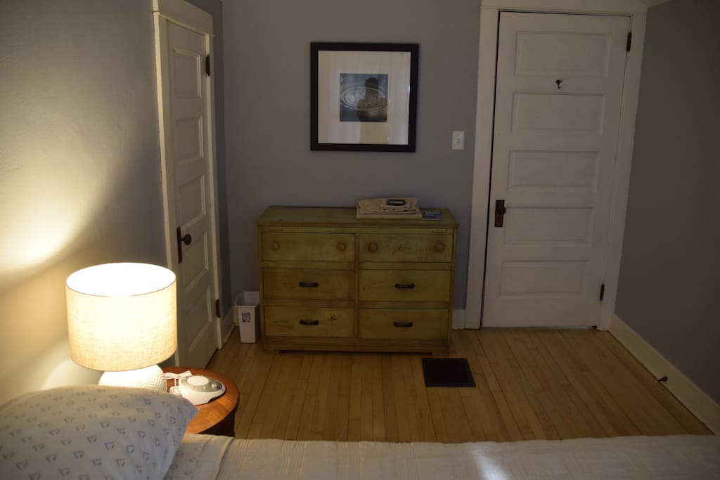 Dresser with room for your clothes if you're staying longer (or like to be organized). There is also a closet with hangers.