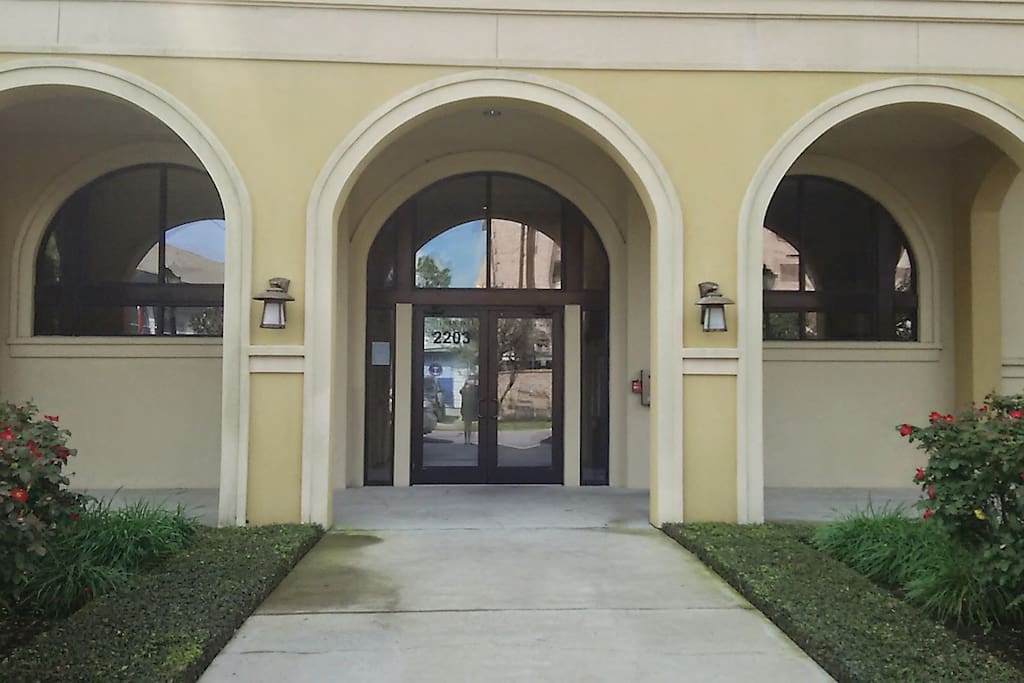 Front of building has secured entry