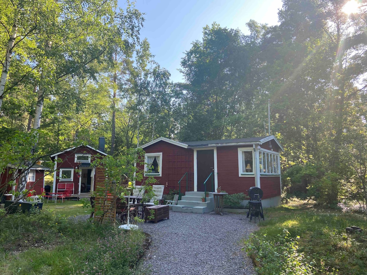 Two cozy red cabins are surrounded by lush greenery, with sunlight filtering through the trees. A pathway leads to the main entrance, featuring stairs and a welcoming porch. Outdoor seating areas, including a table and chairs, are situated in the garden space.