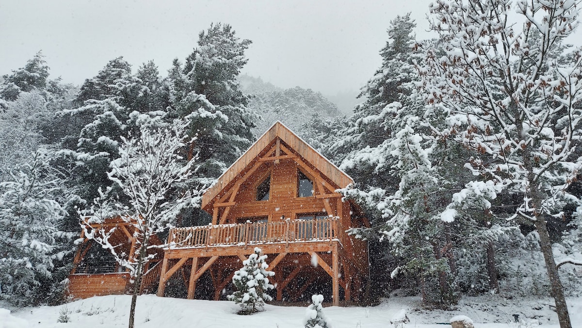 A wooden chalet stands amidst a snowy landscape, with gently falling snowflakes creating a serene atmosphere. The structure features a sloped roof and a spacious balcony surrounded by tall trees, highlighting its rustic charm in the winter scenery.