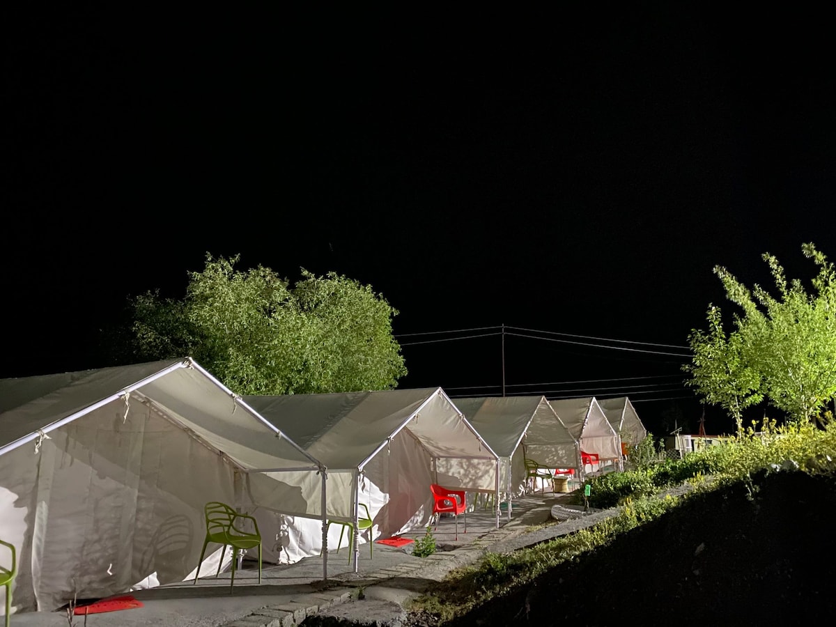 Several canvas tents are lined up under a dark night sky, each featuring simple red chairs positioned outside. Surrounding greenery and faint lighting highlight the natural setting, while power lines stretch across the background.