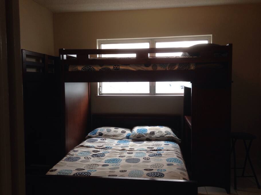 Second bedroom, has a bunk bed, twin on top and full on bottom. Easy steps, full closet, drawers and a small desk area.