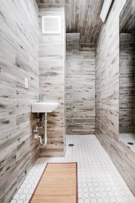 16" waterfall showerhead, private stalls