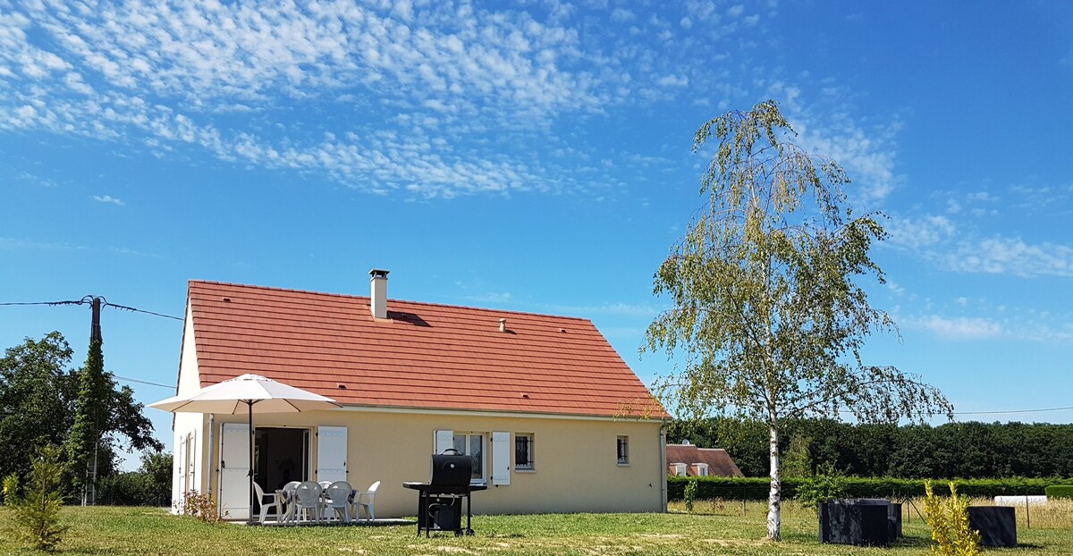 The single-story house is set against a clear blue sky, surrounded by a spacious garden. An outdoor dining area is shaded by an umbrella, and a barbecue grill is positioned nearby. Lush greenery lines the perimeter, enhancing the tranquil countryside setting.