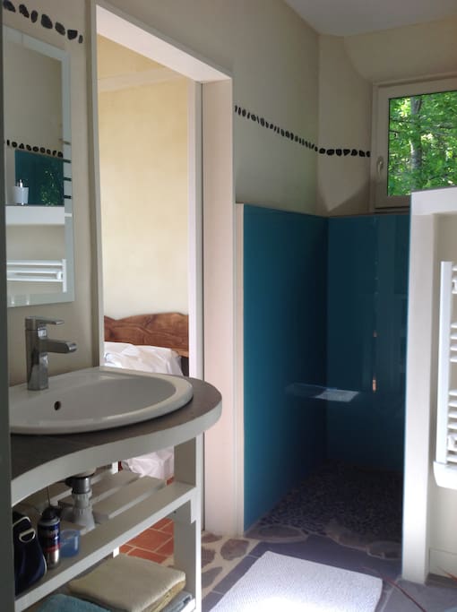 Vous avez à votre disposition une salle de bain avec douche à l'italienne, lavabo, radiateur sèche-serviette et toilettes.