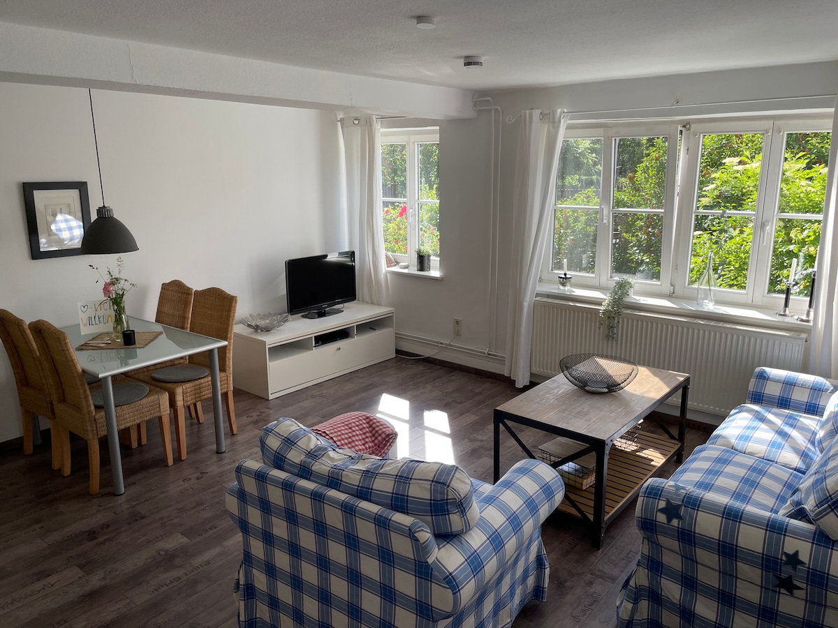 The living area features large windows allowing natural light to illuminate the space. A cozy seating arrangement with blue and white checkered sofas faces a wooden coffee table. A dining table for four is positioned near a flat-screen TV, enhancing the inviting ambiance.