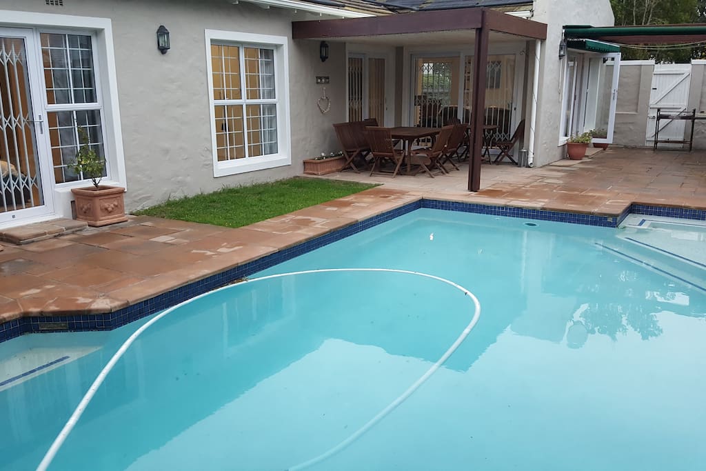 View across the pool towards the house.