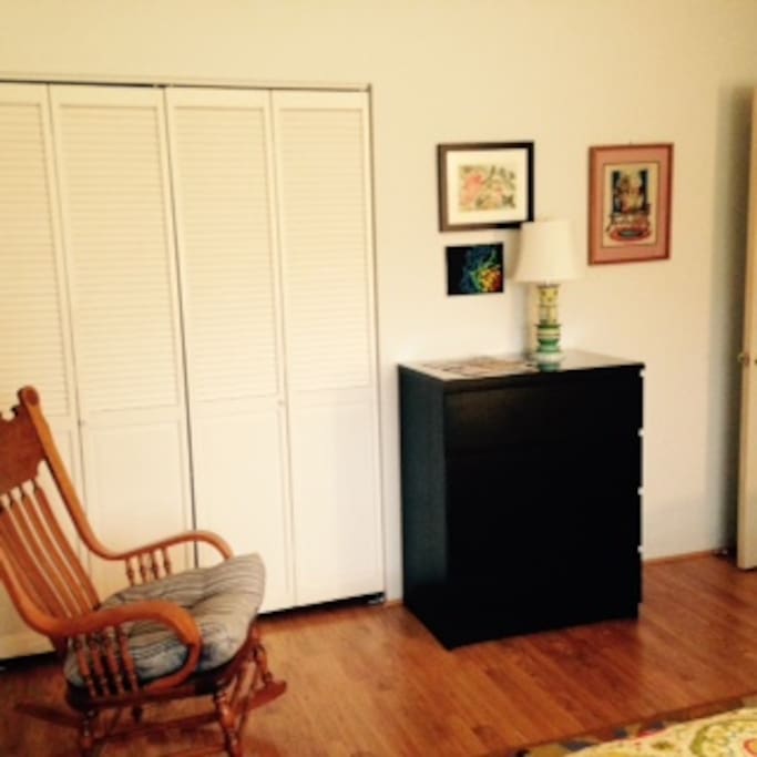 Wood floors, queen-size bed, full closet.
