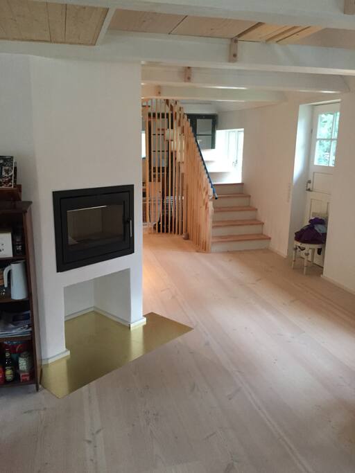 Fireplace and designed stairs