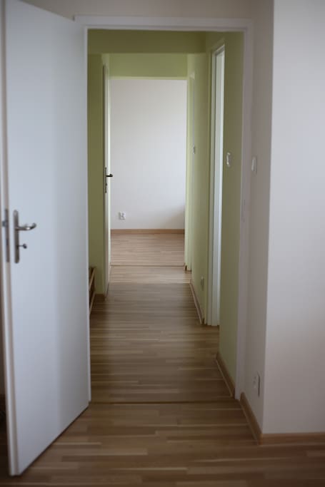 Korytarz widziany z pokoju dziennego, na wprost jest sypialnia/Hall seen from the living room facing the bedroom