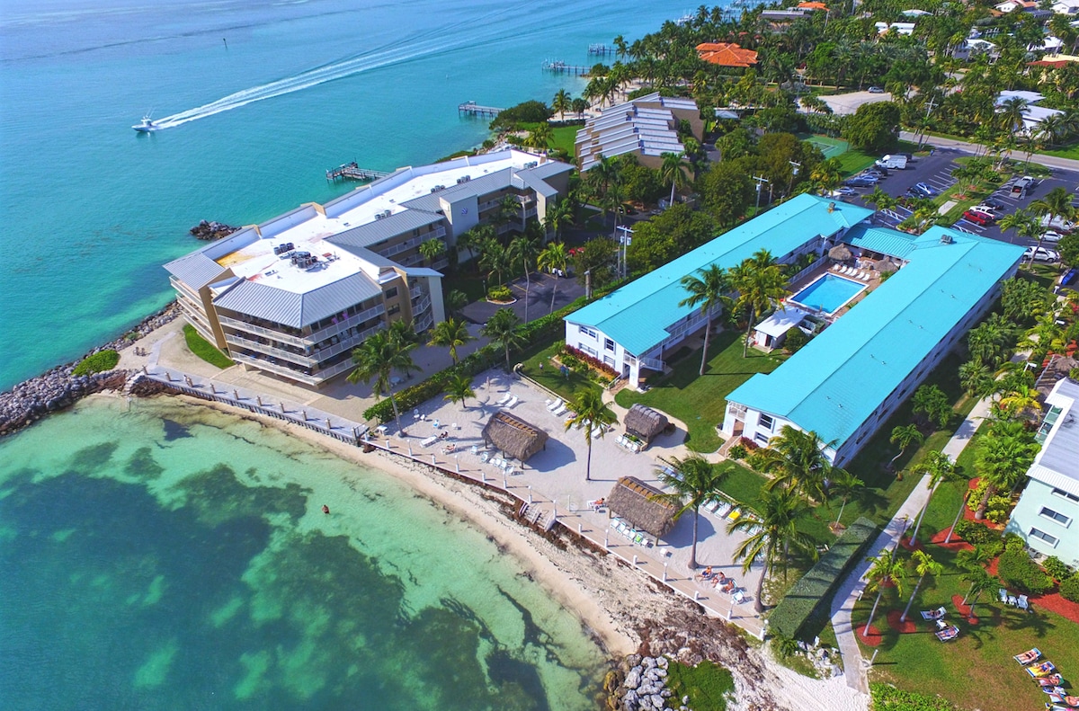 An aerial view captures the beachfront property set against the turquoise waters. Lush palm trees line the private beach area, where tiki huts and lounge chairs are arranged. The heated pool is visible amidst the buildings, highlighting the inviting coastal environment.