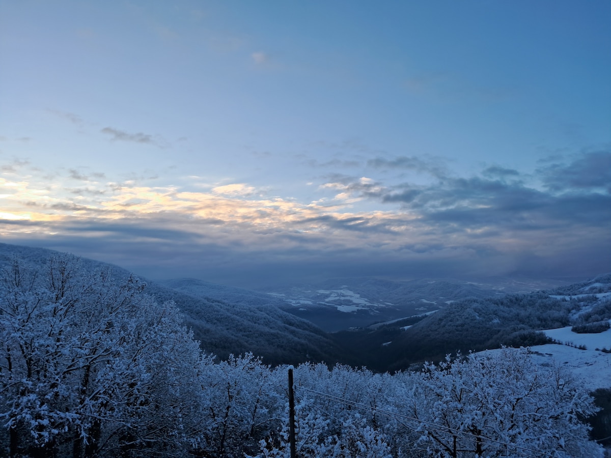 A serene winter landscape is captured, showcasing a snow-covered valley surrounded by gently rolling hills. The sky transitions from soft golden hues to cooler blues, creating a peaceful backdrop against the pristine white of the trees and ground.