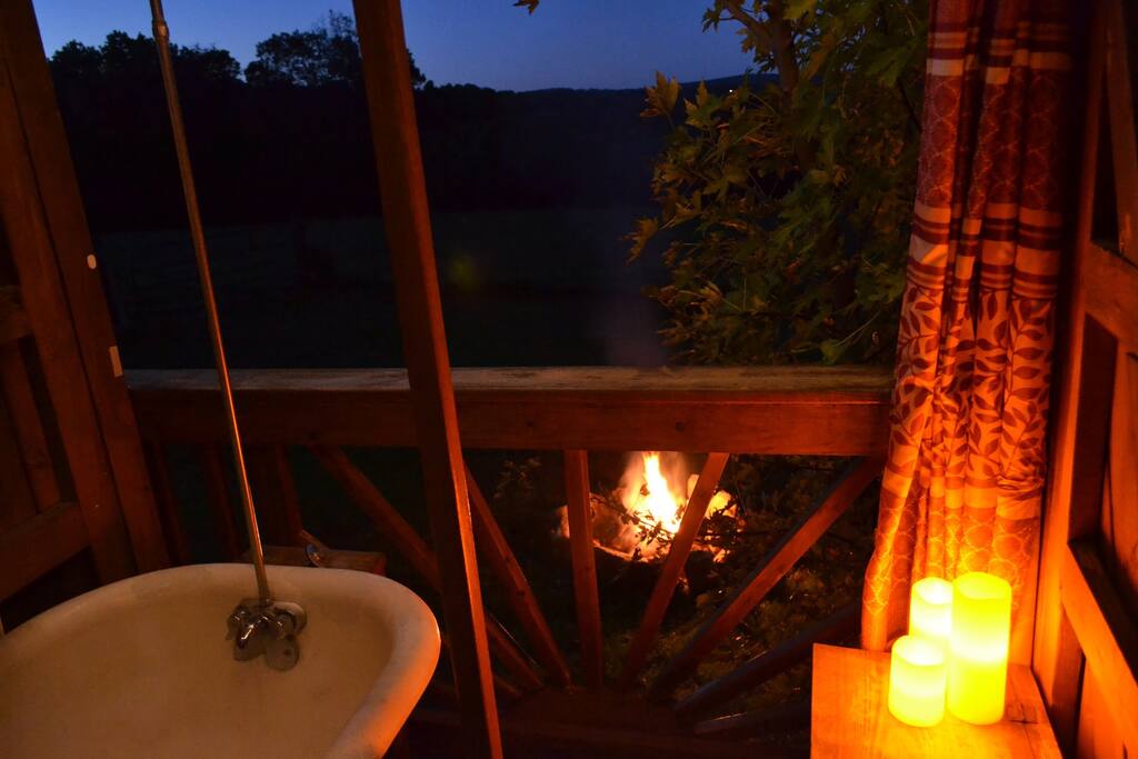 Outdoor shower at night