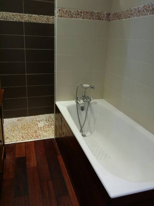 La salle de bains avec douche et baignoire