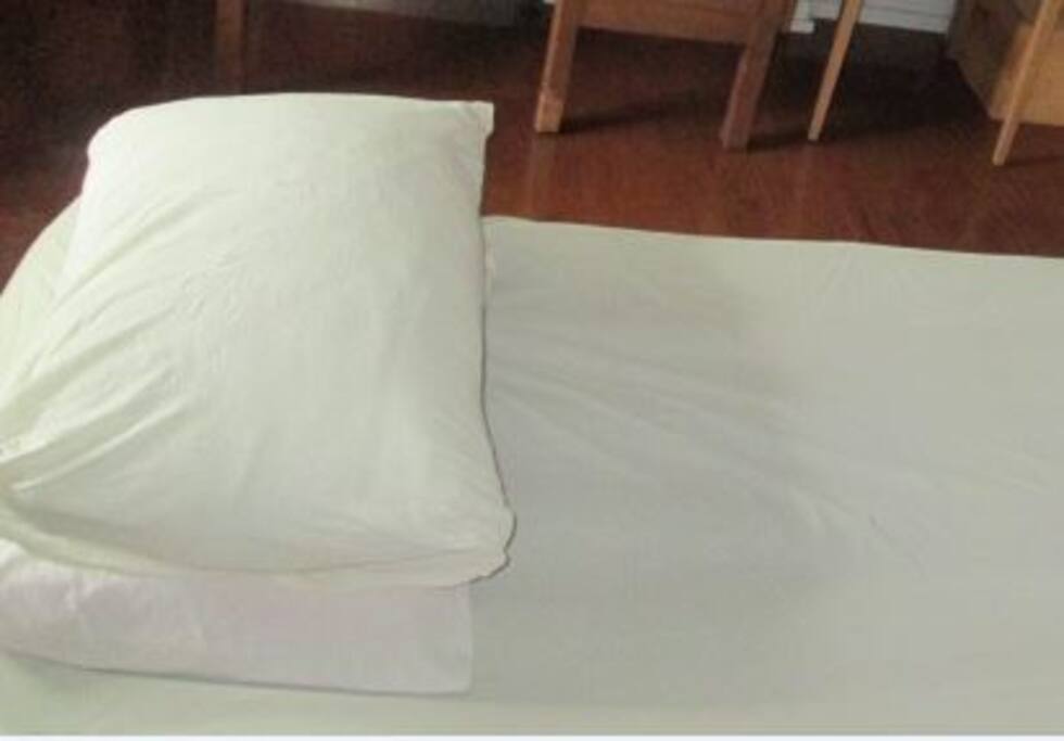 Bed setup in living room with fresh laundered sheets and blanket.