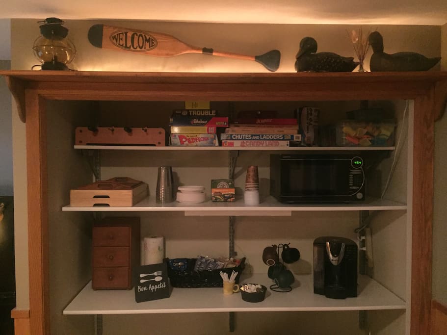 Microwave, coffee maker, fridge