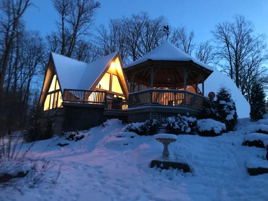 Winters at Twin Peaks offer cozy views of the property reminiscent of a chalet.