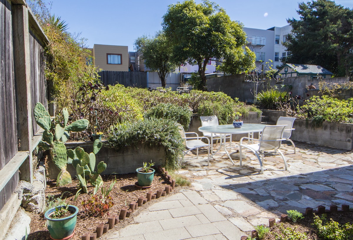 A serene garden area features a stone patio, surrounded by various plants and cacti. A round table with four chairs provides a space for outdoor seating, under the shade of leafy trees. Sunlight brightens the space, creating a peaceful atmosphere.