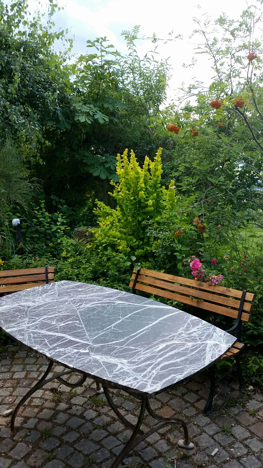 A small outdoor seating area is featured, consisting of a marble-top table surrounded by two wooden benches. Lush green foliage and colorful flowering plants provide a natural backdrop, contributing to a tranquil garden setting.