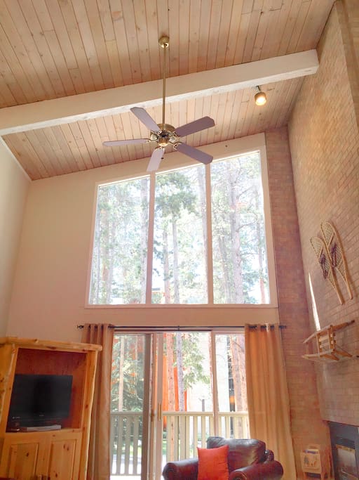 Gorgeous vaulted ceilings with exposed wood, and floor to ceiling windows.