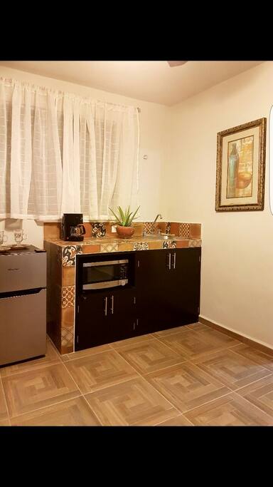 Frigobar, horno microondas y cafetera en la cocineta.
