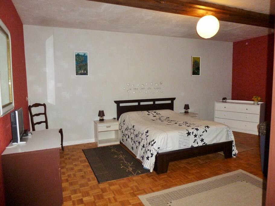 chambre parentale 20 m² avec télé,commode,penderie et coin lecture avec canapé