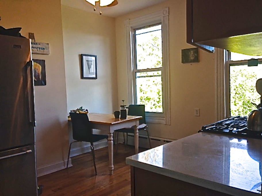 It's nice to have coffee in our sunny kitchen.