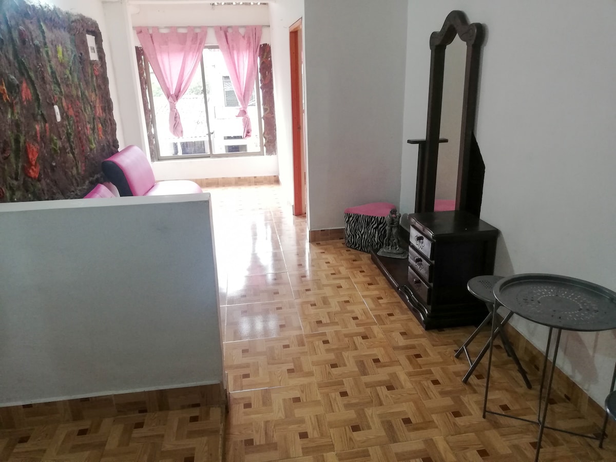 An open living space features a sofa with pink accents, a large window allowing natural light, and light curtains. A dark wooden mirror and dresser are positioned nearby, alongside a small round table. The floor is covered with a patterned wood finish.