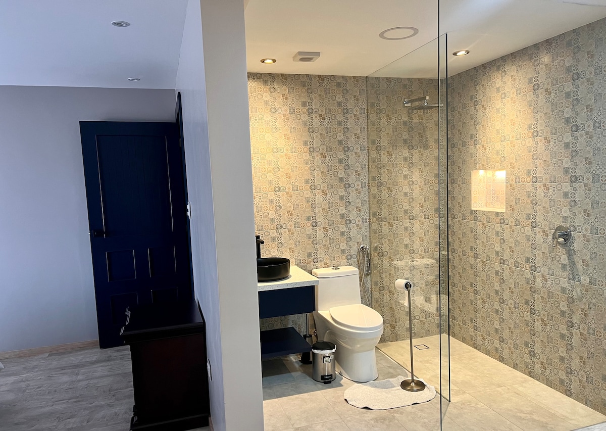 A modern bathroom is presented, featuring a spacious walk-in shower with a glass enclosure and stylish tile work. A sleek, dark vanity unit with a round basin is positioned beside a white toilet. Natural light enters through a small window, illuminating the neutral color palette.