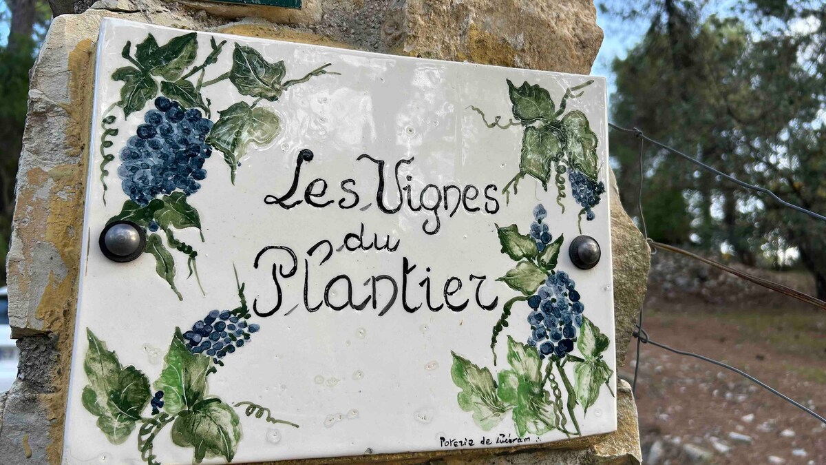 A ceramic sign displaying 'Les Vignes du Plantier' is mounted on a stone wall, featuring a decorative illustration of grapes and lush green leaves. The natural surroundings create a serene backdrop, enhancing the welcoming vibe of the entrance.