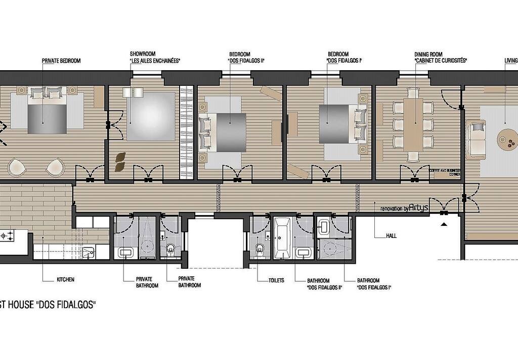 Plan of our apartment with your 2 rooms "Dos Fidalgos I & II" and their 2 bathrooms as well. Also common spaces as terrace, living room and dining room