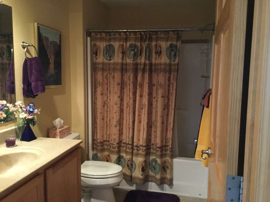 The dedicated guest bathroom, tub, and shower. Has lockable door.