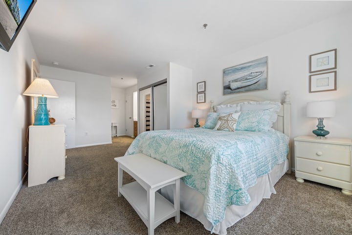 Light and airy master bedroom, with a queen size bed, has two closets, a TV, tub and shower, plus a washer and dryer. 