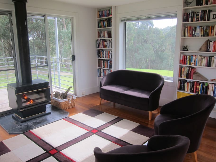 Downstairs lounge with wood fire heater