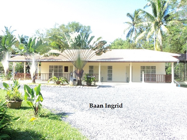 A spacious villa is nestled among tropical greenery, featuring a light-colored exterior and a broad front porch. Lush palm trees and potted plants frame the entrance, providing a welcoming atmosphere. A gravel driveway leads up to the house, enhancing the overall landscape.