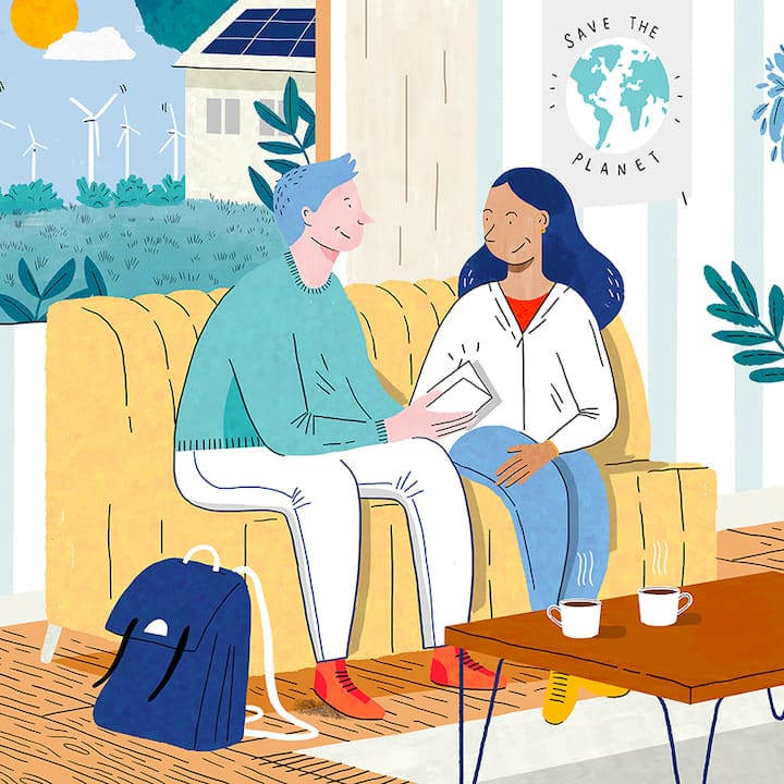 illustration of 2 people talking on a couch
