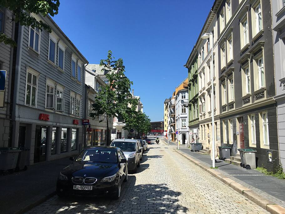The street (my building the grey on the right)