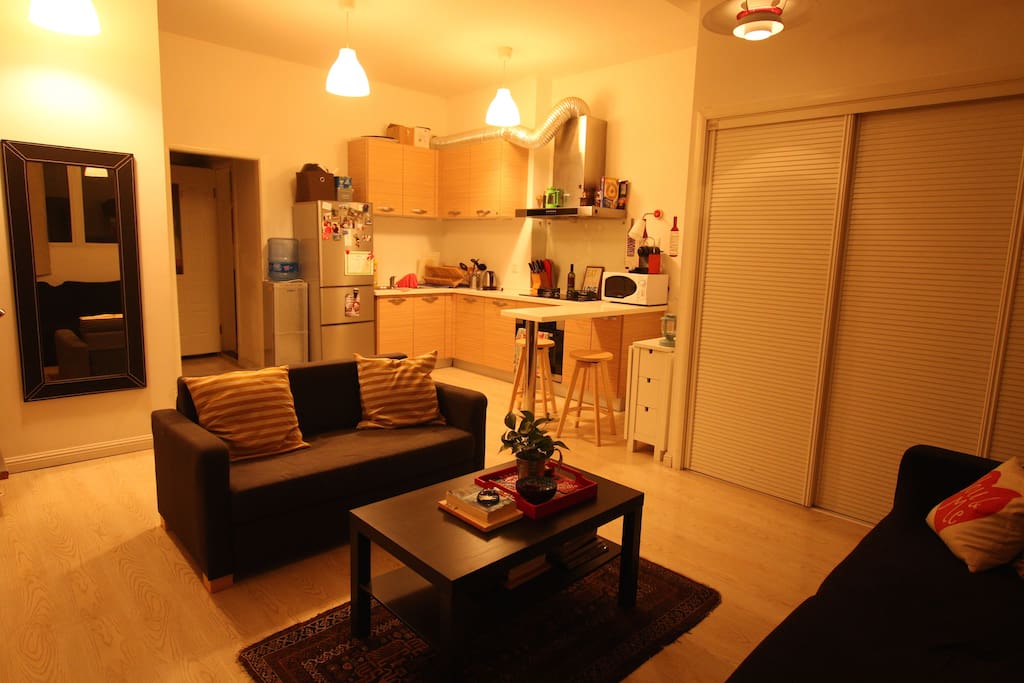Modern open-kitchen includes stove, western oven, microwave, fridge/freezer, food processor, kettle, slow cooker, french press, Nespresso machine and more.