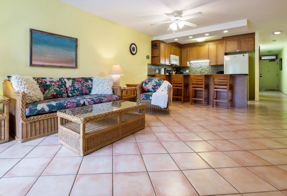 Large living area with an open kitchen