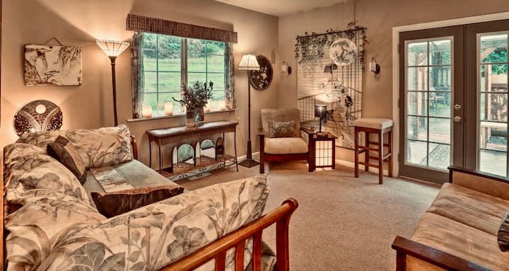 We call this the Zen Room. Besides having it's own shower/restroom in it, it also has a walk-in closet. It has enough space to do some yoga, put up a massage table (provided), and/or gather in a circle with your friends and/or family...
