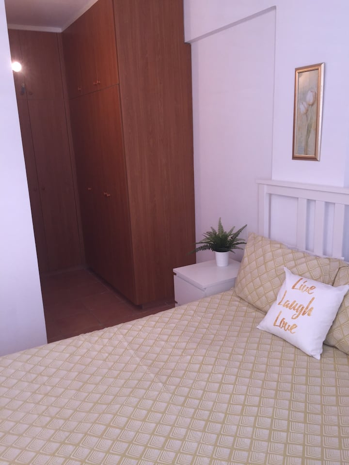 Wardrobes in bedroom 2 double wardrobes and single wardrobe with shelves plus double bed and two side drawers